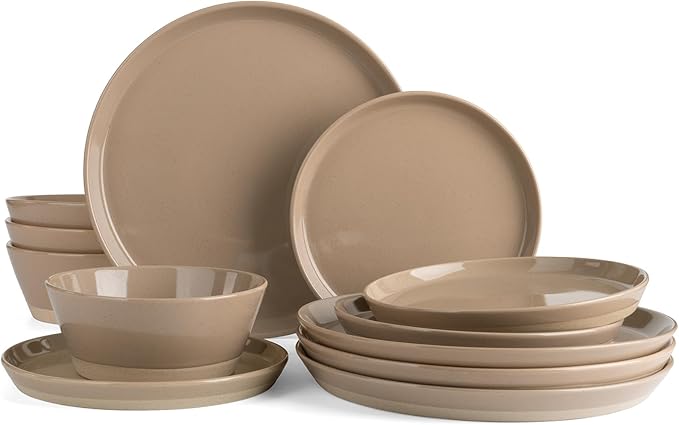 Famiware Saturn Speckled Dinnerware Sets for 4 (12 Pieces), Stoneware Plates and Bowls Dish Set - Chip and Scratch Resistant, Microwave and Dishwasher Safe, Cinnamon Brown