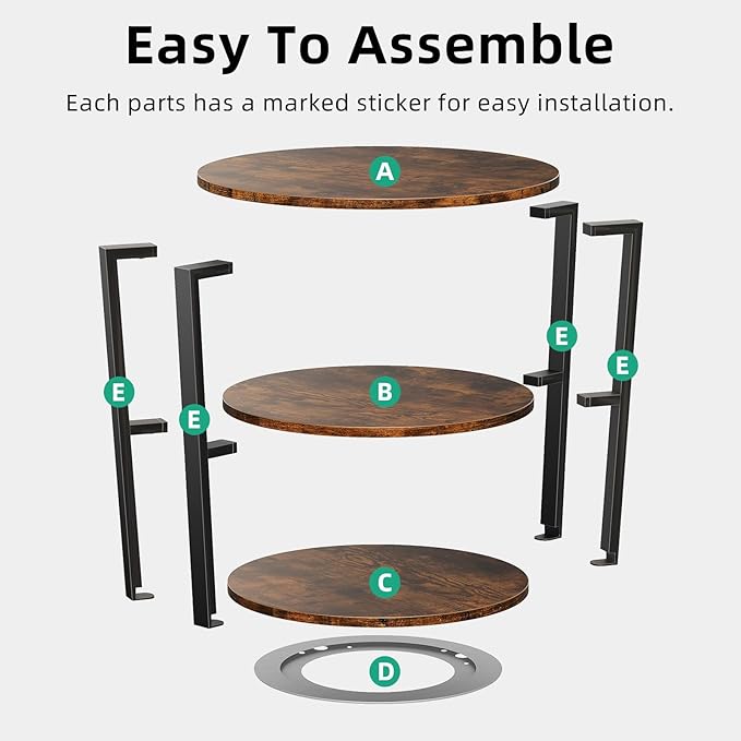 Rotating Round Side Table, 3-Tier End Table with Metal Frame, Nightstand for Small Spaces, Side Table Living Room Bedroom Sofa Bathroom, Vintage Brown