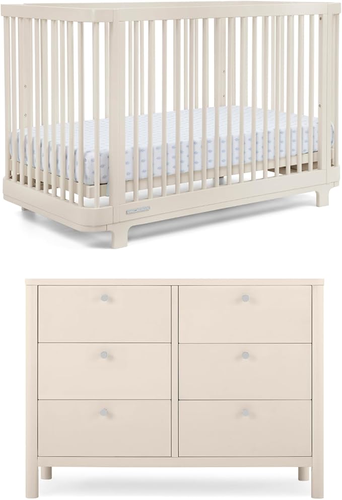 Delta Children Nest Crib and Dresser Nursery Furniture – 4-in-1 Convertible Crib | Brooks 6 Drawer Dresser | Soft Beige