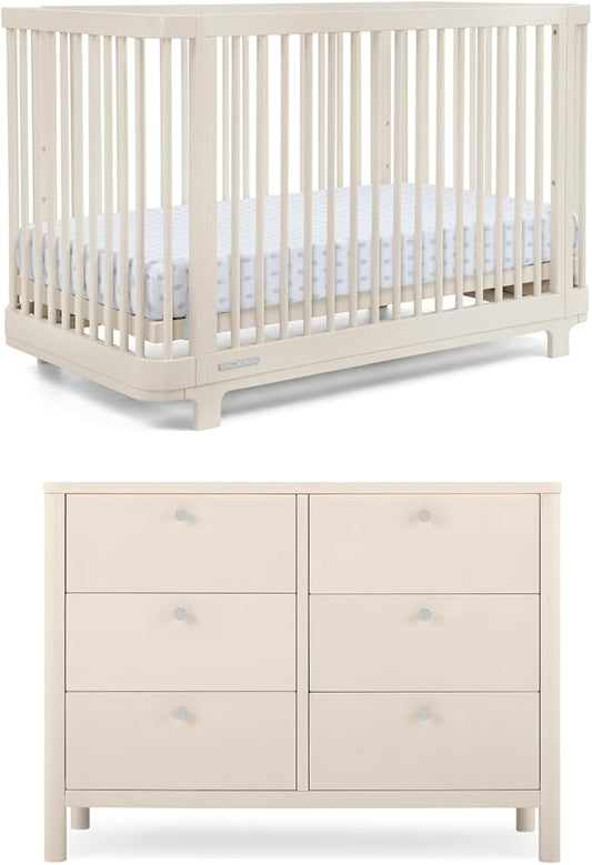 Delta Children Nest Crib and Dresser Nursery Furniture – 4-in-1 Convertible Crib | Brooks 6 Drawer Dresser | Soft Beige