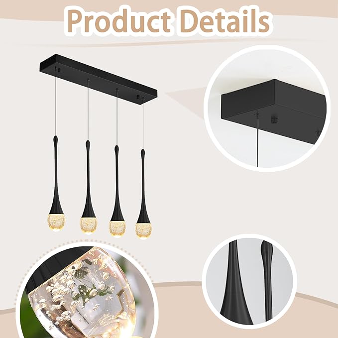 Dining Room Light Fixture 4-Light Black Kitchen Island Lighting Industrial Linear Crystal Chandeliers for Dining Room Pendant Light Fixture for Living Room Hallway Bedroom