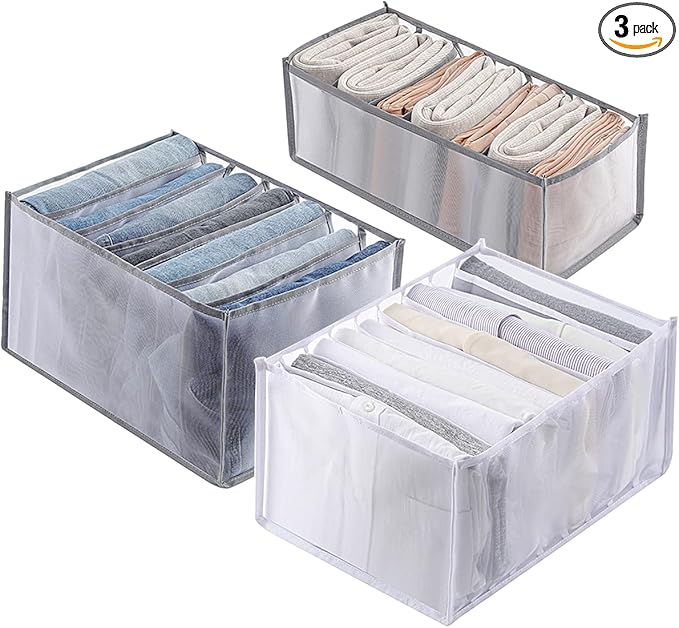 KesaPlan 3Pcs Wardrobe Clothes Organizer, 7/7/9 Grids Visible Foldable Closet Organizers, Compartment Storage Box with Mesh Separation, Washable Drawer Dividers Organizers (Pants+T-Shirt+Legging)