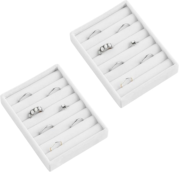 Frebeauty Stackable Jewelry Trays,Small Jewelry Organizer for Drawer,7 Slots Velvet Ring Organizer for Women,4.92 x 3.74 x 0.9 Inches(Set 2,White)