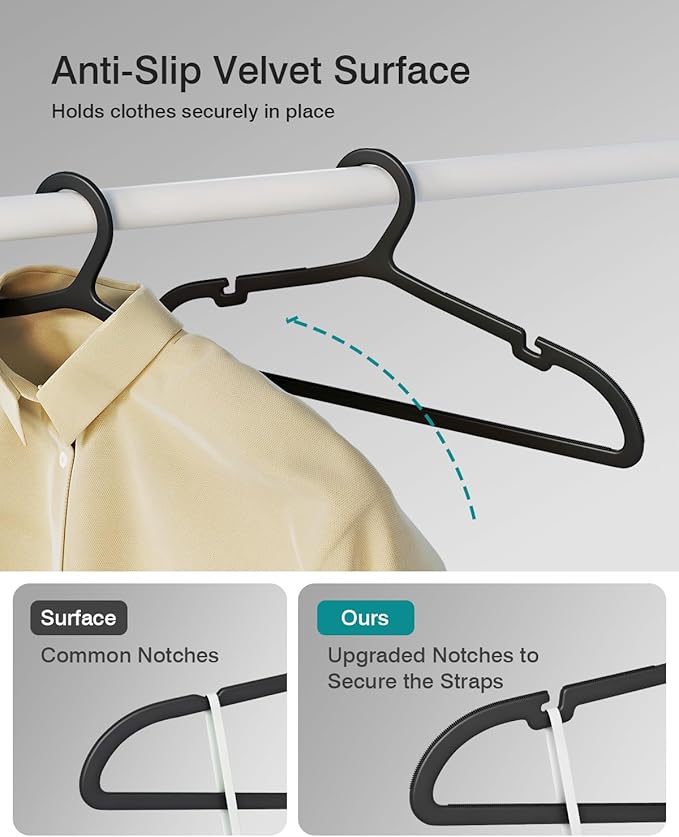 80 Pack Clothes Hangers, Non Slip Plastic Coat Hangers, Space Saving Hangers, Heavy Duty, Hanging Dry Wet Clothes, 16.4" x 8.3", Black, UAPY0580B