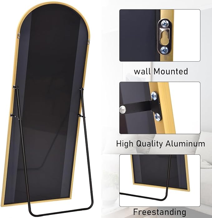 Full Length Mirror, 78"x38" Arched Floor Length Mirror with Stand, Gold Body Mirrors Hanging or Leaning, Wall Mirrors Freestanding with Aluminum Frame for Living Room, Bedroom