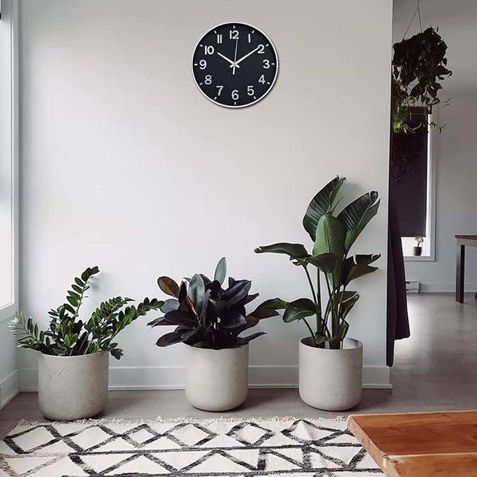 HZDHCLH Modern Wall Clocks Battery Operated,12 inch Silent Non Ticking Round Clock for Wall,Wall Clock for Kitchen Bedroom Living Room Office Classroom Decor (Black and Silver)