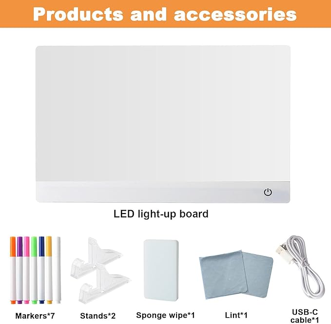 LED Note Board with Colors，LED Drawing Board for Kids, Light Up Acrylic Dry Erase Board with Stand,7 Markers, Rewritable Message Board Creative Fun for Home, Classrooms, Gifts（13.7X 10Inch）