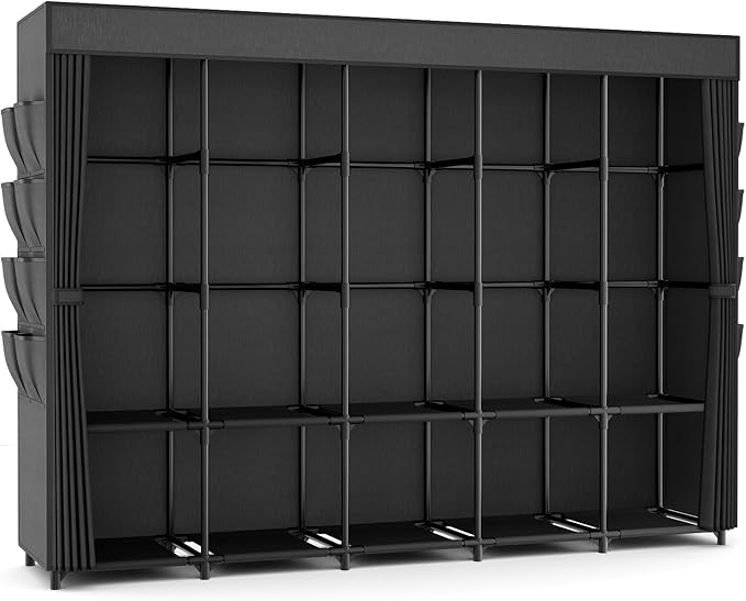 Portable Closet Storage, Portable Wardrobe Closet Organizer Clothes Rack wtih Cover, Hanging Rod, Storage Shelves and Side Pockets, Large Portable Closets for Hanging Clothes, Black