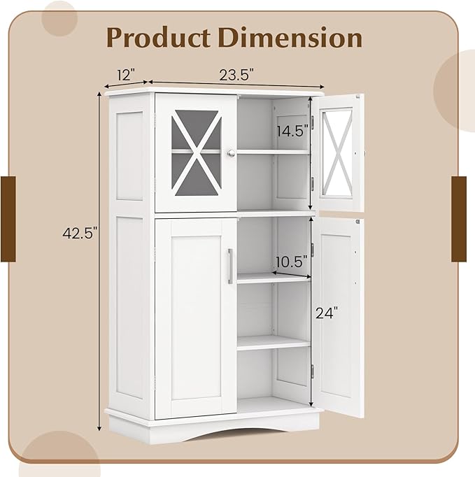 Tangkula Freestanding Floor Cabinet w/2 Glass Doors, 3-Level Adjustable Shelves, Anti-toppling, Kitchen Pantry Cupboard for Bathroom & Living Room (White)