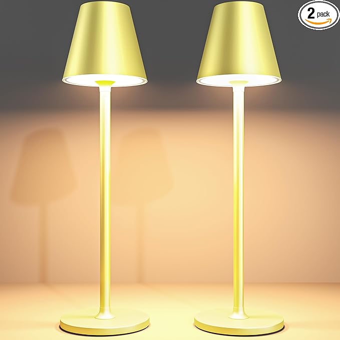 2Pack LED CordlessTable Lamp,4000mAh Rechargeable Battery Desk lamp,3 Level Brightness Night Light, Simple Design, for Couple Dinner/Coffee Table/Restaurant/Bedroom(Champagne Gold 2Pack)
