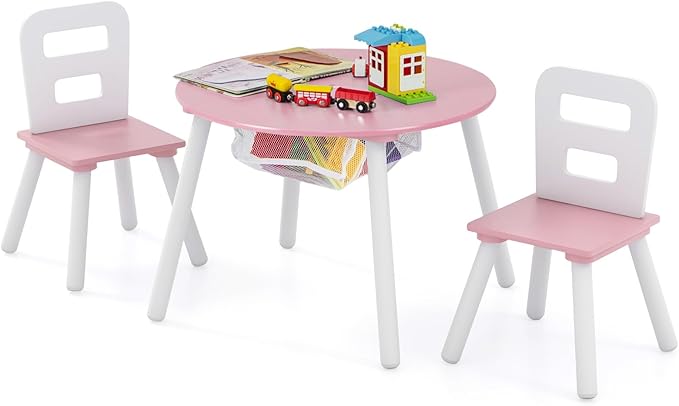 Costzon Kids Table and Chair Set, Wood Activity Table w/Center Mesh Storage, Children Furniture Gift for Boys & Girls, Ideal for Arts, Crafts, Snack Time, Homework, Toddler Table and Chair Set (Pink)
