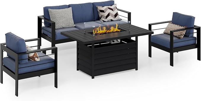 Wisteria Lane Aluminum Patio Furniture Set, 5 Seats Metal Outdoor Furniture Set with CSA Certified 54in Propane Gas Fire Pit Table, Patio Conversation Set with 5in Olefin Cover Cushions, Blue