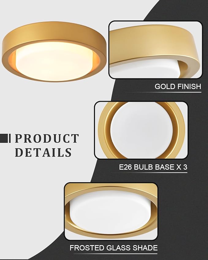 16 Inch Flush Mount Ceiling Light,3-Lights Gold Finish with Frosted Glass Shade,Round Ceiling Light Fixture for Bedroom Livingroom Kitchen