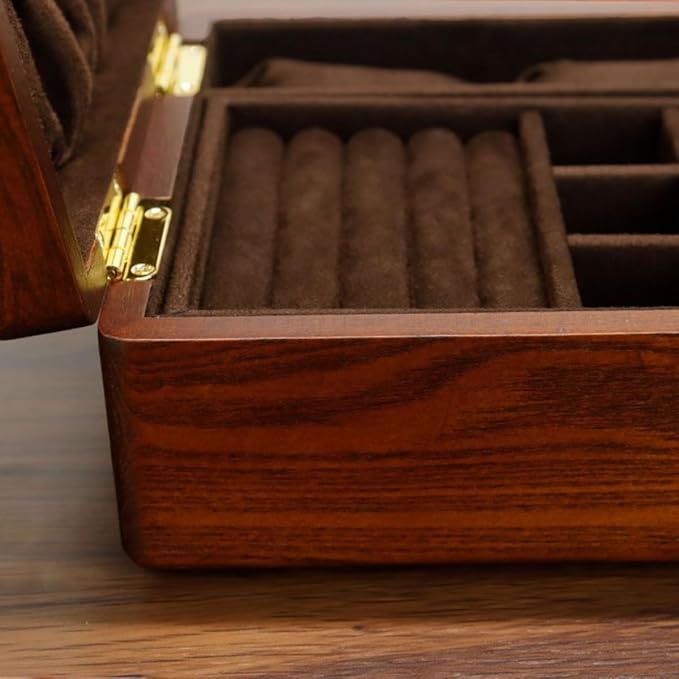 Bescott 2 Layer Solid Wooden Jewelry Box with Lock and Key for Women Men Vintage Velvet Wood Jewelry Organizer Storage for Earrings Rings Necklaces Bracelet Watch Mother’s Day Gift