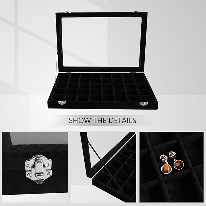 Wudygirl 40 Grid Jewelry Organizer Tray for Earrings Rings Bracelets Storage Necklaces Display Large Jewelry Box with Clear Lid Multiple Compartments Drawer Organization (Black Velvet)