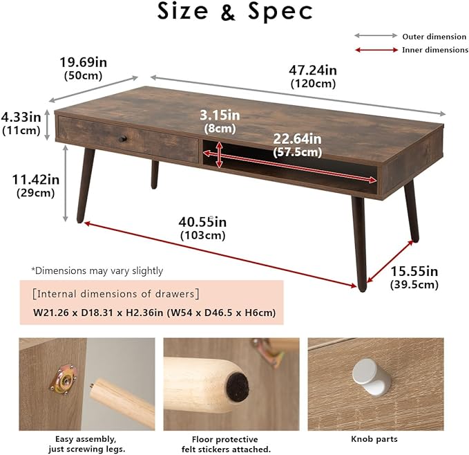 EMOOR Wooden Small Coffee Table with Storage Rectangle Large (47.2"x19.7") Oak, Floor Sitting Low Table Small Space Minimalist Japanese Tatami Room