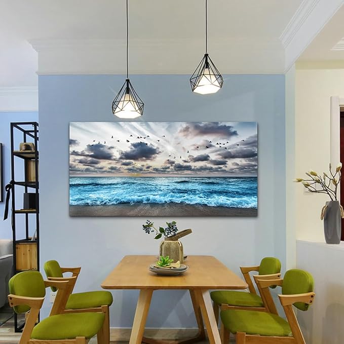 MHARTK66 Black And White Beach Wall Painting - Canvas Wall Art For Living Room, Bedroom, Office - Blue Sea Wave Pictures - Modern Hotel Room Home Decor - 20x40 In