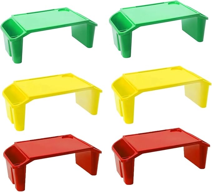 6 Pcs Kids Lap Desk Tray, Plastic Breakfast Lap Desk Trays with Side Pockets and Slot, Portable Lap Table Snack Tray for Eating, Writing, Drawing, Game, 19.69" L x 9.84" W x 7.1" H (3 Colors)