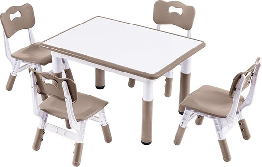 Height-Adjustable Kids Table and 4 Chairs Set, Toddler Table and Chair Set with Graffiti Desktop, 31.5''L x 23.6''W Children Activity Table for Daycare, Classroom, Home