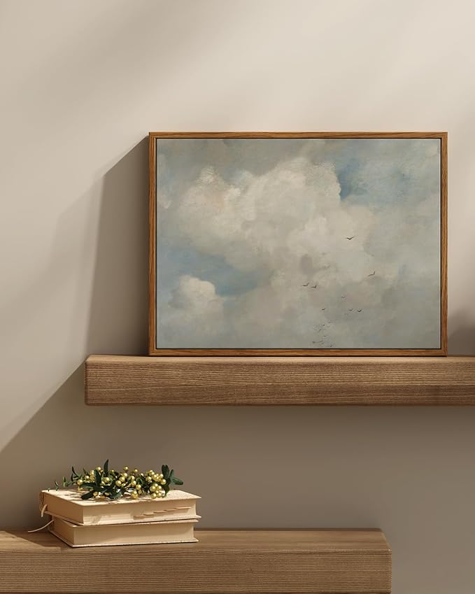 InSimSea Framed Canvas Wall Art Vintage Decor, Home Decor Classical Oil Paintings Sky Cloud Bird Canvas Prints,Retro Landscape Wall Art for Bedroom Living Room Bathroom, 12"x16"