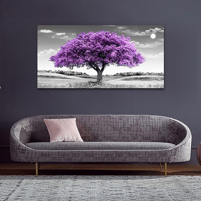 Canvas Wall Art for Living Room Large Wall Decor for Bedroom Modern Office Wall Decorations Purple Tree Landscape Painting Black and White Pictures Artwork Room Aesthetic Home Decor