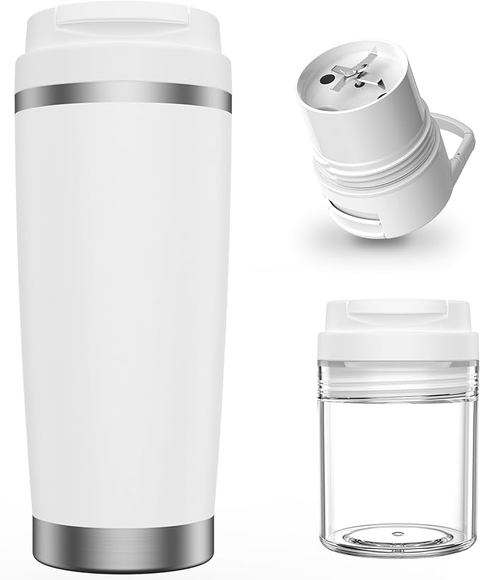 Portable Personal Blender 24oz Vacuum Cup Cordless Blender for 120 Watt Rechargeable Personal Size blender With Stainless Steel Bottle Ideal For-Shakes and Smoothies, BPA Free (White）