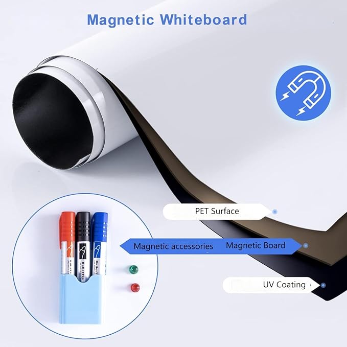 Magnetic Whiteboard Contact Paper, 12" x 18" Stick on Magnetic Dry Erase White Board Sticker on Wall, Easy to Write for Kids Drawing, School, Office, Kitchen Fridge