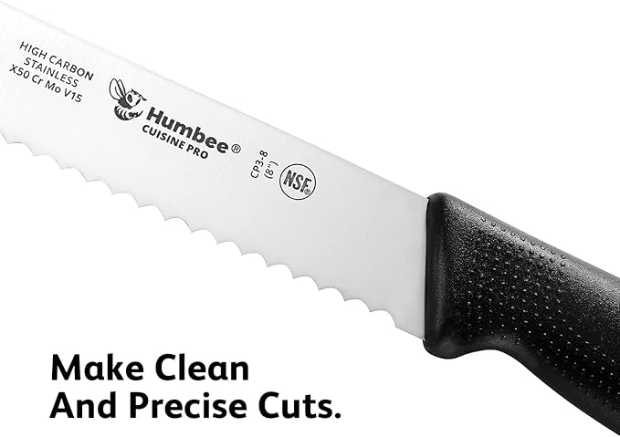 8 Inch Cuisine Pro Serrated Bread Knife, Premium Stainless Steel Wave Edge Razor Sharp Blade Knife for Bread, Dishwasher Safe, NSF Certified, Black