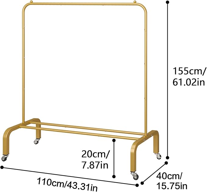 JIUYOTREE Metal Clothing Rack with Wheels 43.3 Inches Rolling Clothes Garment Coat Rack with Bottom Shelf Clothing Rack for Hanging Clothes Coats Skirts Shirts Sweaters Gold