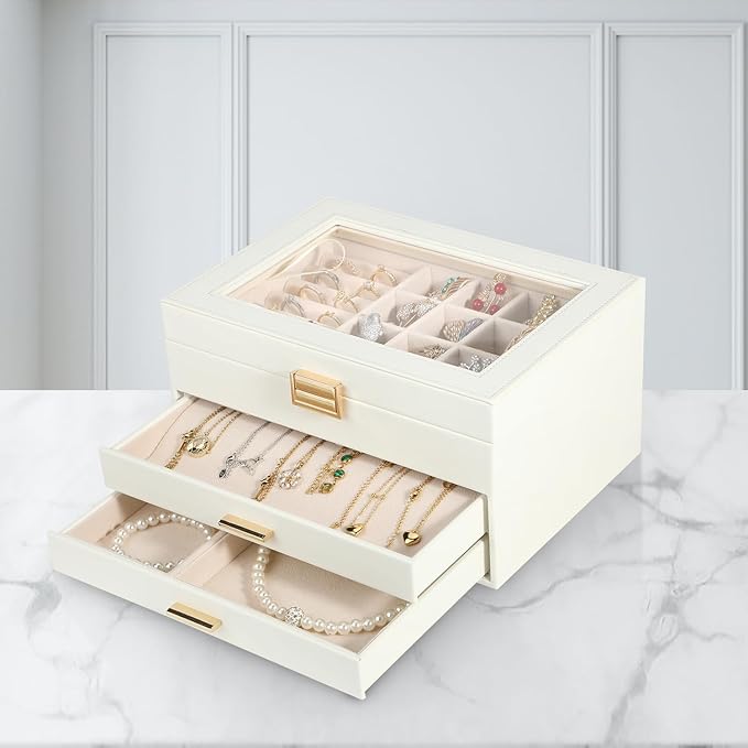 Voova Jewelry Box Organizer for Women Girls, 3 Layer PU Leather Jewelry Storage Case with Glass Lid & 2 Drawers, Large Jewellery Display Holder for Necklaces Rings Earrings Bracelets, White