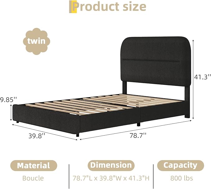 HOMBCK Twin Bed Frames with Headboard, Twin Size Boucle Upholstered Bed Frame for Kids, Soft Rounded Corners, Wooden Slats Support, No Box Spring Required, Easy Assembly, Black