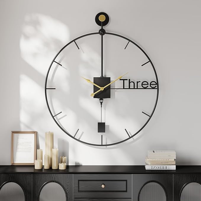 Modern Large Wall Clock 24 inch with Pendulum, Battery Operated Silent Non-Ticking Metal Wall Clock for Living Room Decor, Decorative Hanging Clock for Bedroom, Office, Kitchen, Home
