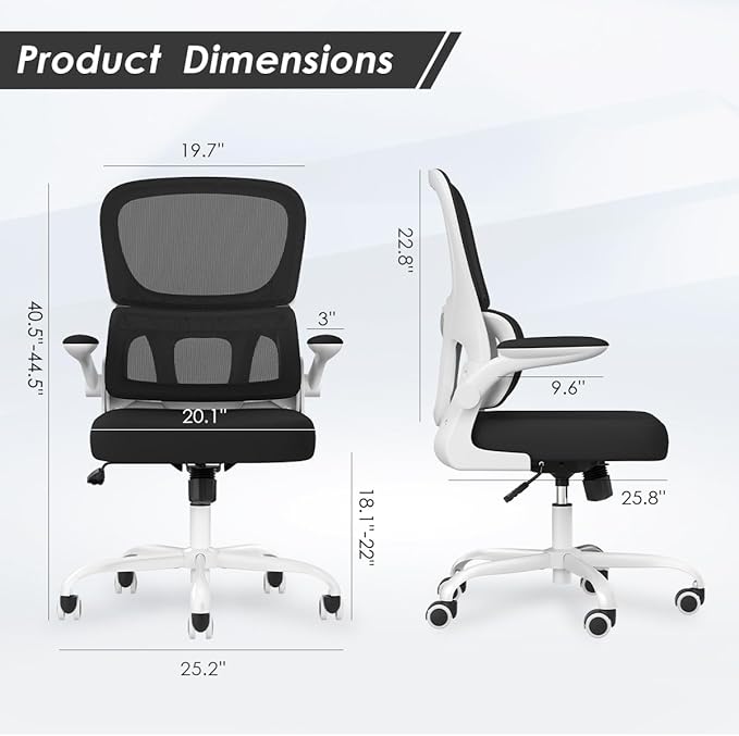 Soohow Office Chair, Mesh Ergonomic Office Chair with Lumbar Support, Comfy Computer Desk Chair with Flip Armrest Rolling Wheels for Home Study Room Office, White & Black
