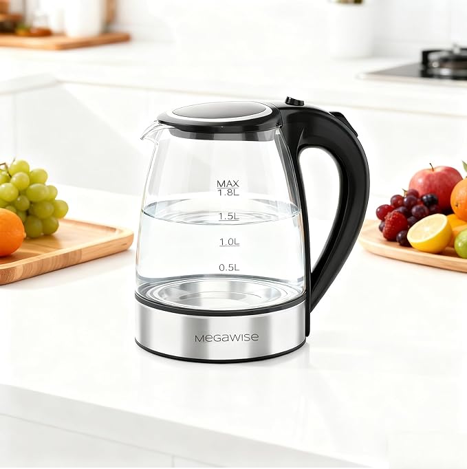 MegaWise Electric Kettle, 1.8L Borosilicate Glass Tea Kettle with LED Light, Auto Shut-Off and Boil-Dry Protection Cordless Kettle Fast Boiling