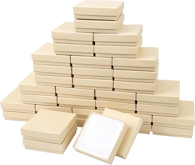 Jewelry Boxes, Cardboard Jewelry Gift Boxes, 40 Pack 3.5x3.5x1 Inch, Bulk Cotton Filled Small Jewelry Boxes with Lids for Necklace Ring Bracelet Earring Display Box (Brown)