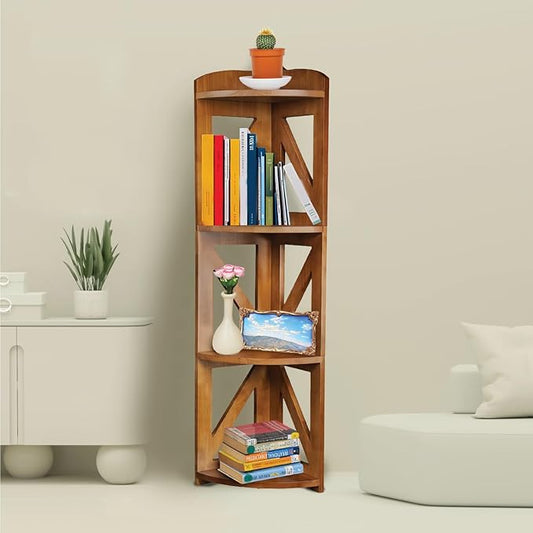 Corner Shelf Stand, Corner Bookshelf, Small Corner Shelves by Natural Wood, Plant Stand, Corner Bookcase for Living Room, Home Office, Bedroom, (Brown, 4 Tier)