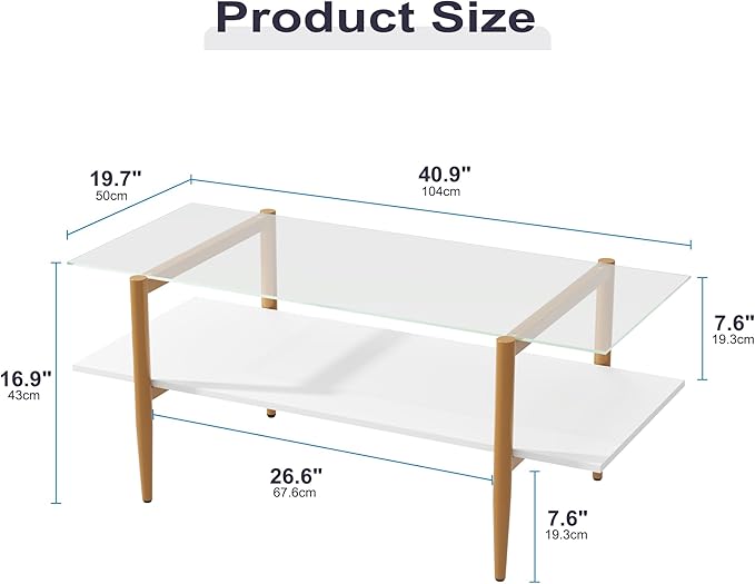 Glass Coffee Table, Rectangle Living Room Center Table with Golden Legs, Mid-Century Modern Accent Tables with Open Shelf for Living Room, Office, White