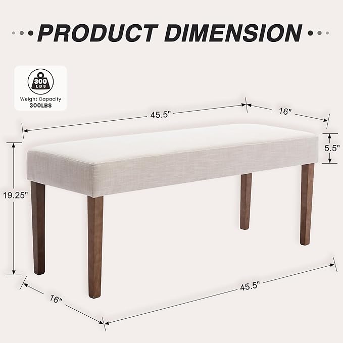 Farmhouse Upholstered Dining Bench Seat, 45" Linen Entryway Bench with Natural Wood Legs, Mid Century Modern End of Bed Bench for Kitchen Bedroom Living Room Hallway, for 2-3 Person, Beige