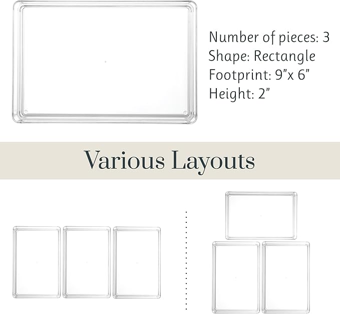 STORi SimpleSort 3-Piece Stackable Clear Drawer Organizer Set | 9" x 6" x 2" Rectangle Trays | Wide Makeup Vanity Storage Bins and Office Desk Drawer Dividers | Made in USA