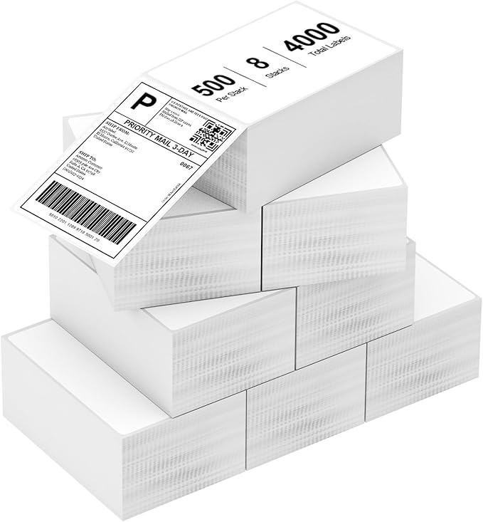 8 Stacks 4" x 6" Fanfold Direct Thermal Labels, 4000 Labels (500/Stack), Compatible with Zebra, Rollo, MUNBYN, NELKO Printers