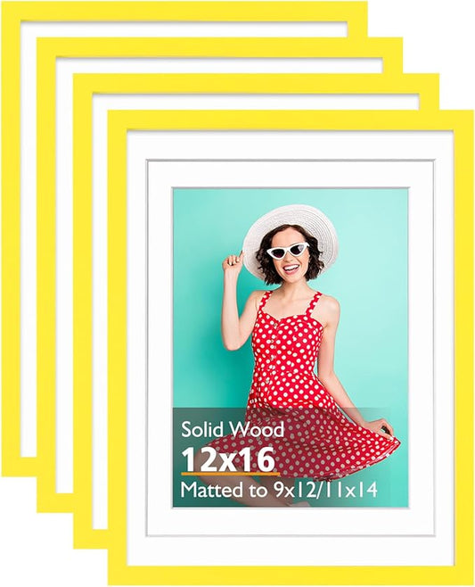 KINLINK 12x16 Picture Frame Yellow, Solid Wood Frames with Acrylic Plexiglass for Pictures 11x14/9x12 with Mat or 12x16 without Mat,Wall Display Photo Frame, Set of 4