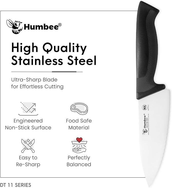 Professional Chef Knife with Ergonomic Handle – NSF Certified Stainless Steel Kitchen Knife, Serrated Wave Teeth, Durable and Sharp Blade, DT 11 Series, Black