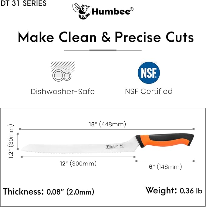 12-Inch Offset Serrated Bread Knife, Premium High Carbon Stainless Steel Blade Knife for Bread with Ergonomic Handle, NSF Certified, DT-31 Series, Orange