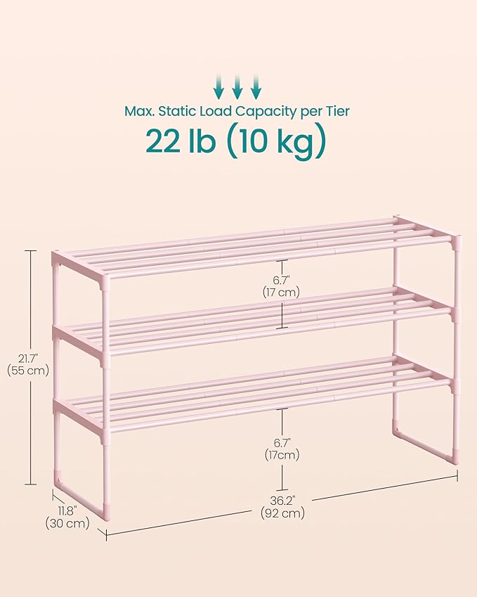 SONGMICS Shoe Rack, 3-Tier Shoe Organizer, Metal Storage Shelf, Upright or Upside Down, for 16-20 Pairs, Stackable, for Entryway, 11.8 x 36.2 x 21.7 Inches, Jelly Pink ULSA303S01