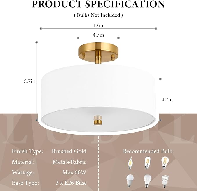 13" Semi Flush Mount Ceiling Light Fixture, 3-Light Gold Drum Light Fixture, Modern Close to Ceiling Light with White Fabric Shade Lamps for Bedroom Living Room Kitchen Hallway Entryway