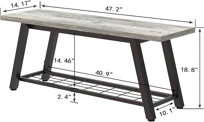 Grey Storage Bench Industrial Rustic Wooden and Metal Entryway Shoe Boots Storage Rack Long Bench Seat for Hallway Bedroom Rustic Farmhouse Style