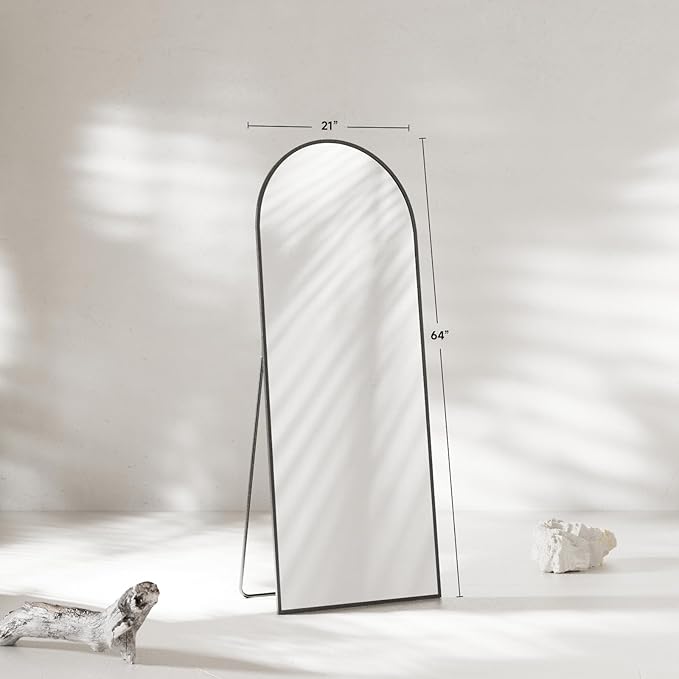 Arched Full Length Mirror 64"x21", Black Tempered Glass Wall Hanging Mounted Body Length Mirrors with Stand, Large Floor Aluminum Alloy Thin Frame