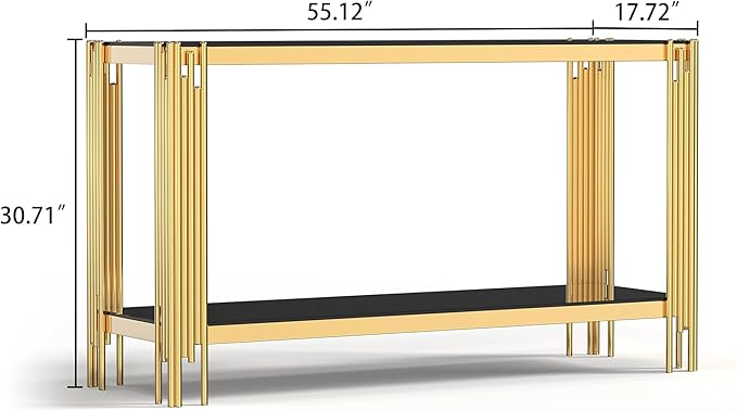 Goujxcy Modern Glass Console Table 55" Gold Entryway Table with Black Glass Top and Mirror Finish Stainless Steel Legs, Luxury Rectangular Sofa Tables for Living Room Hallway Corridor Table (Gold)