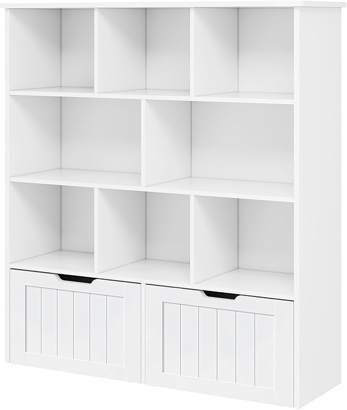 Toy Storage Organizer with Bookshelf, Large Toy Organizers and 2 Movable Drawers with Hidden Wheels and 8 Storage Cubbies, Kids Bookshelf and Toy Storage Chest, Playroom Furniture, White