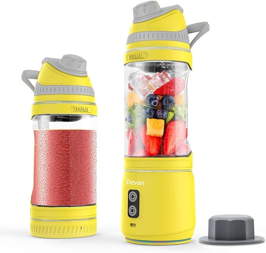 Portable Blender, Anti-Jamming 300 Watt for Shakes and Smoothies, 24oz Travel Blender USB Rechargeable, BPA Free Sporty bottle with a Travel Lid. (Black Base Grey Lid) (Yellow Base Grey Lid)